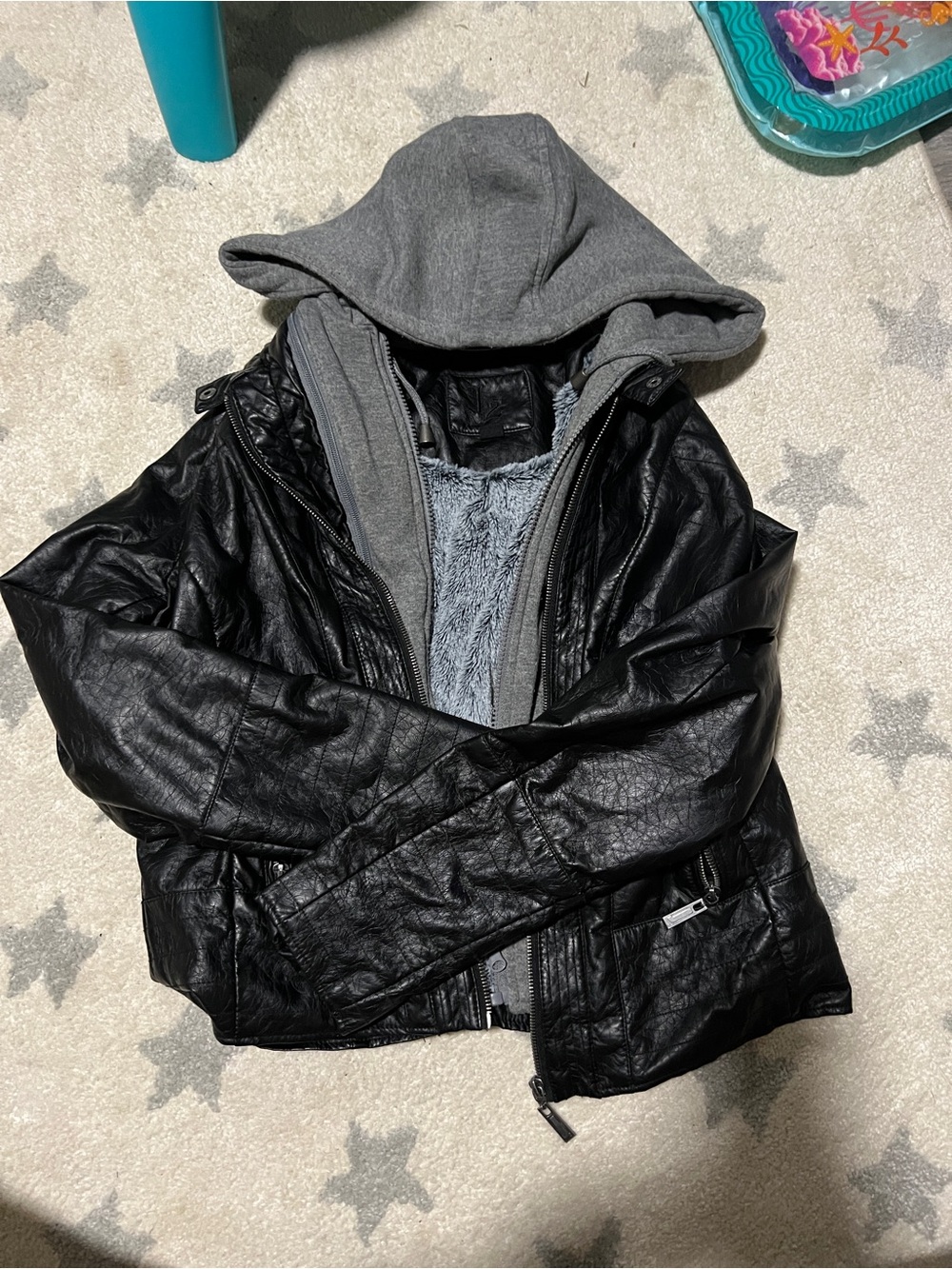 Women’s Black Faux Leather Hooded Jacket with Gray Lining